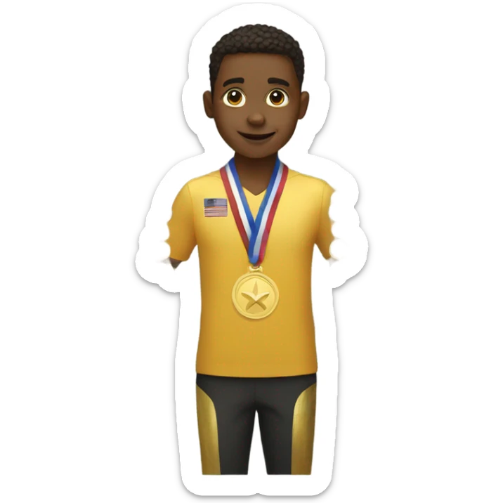 Boy with a lot of gold medals on his neck near the sailboat sticker