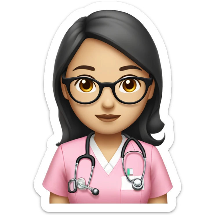 Asian girl (beige white skin tone) with round glasses, hair bang and wavy long black hair , wearing a pink nurse uniform (scrub) with a stethoscope sticker