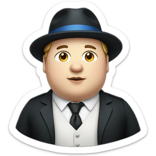 young fat white man wearing a black trilby and a blue waistcoat sticker