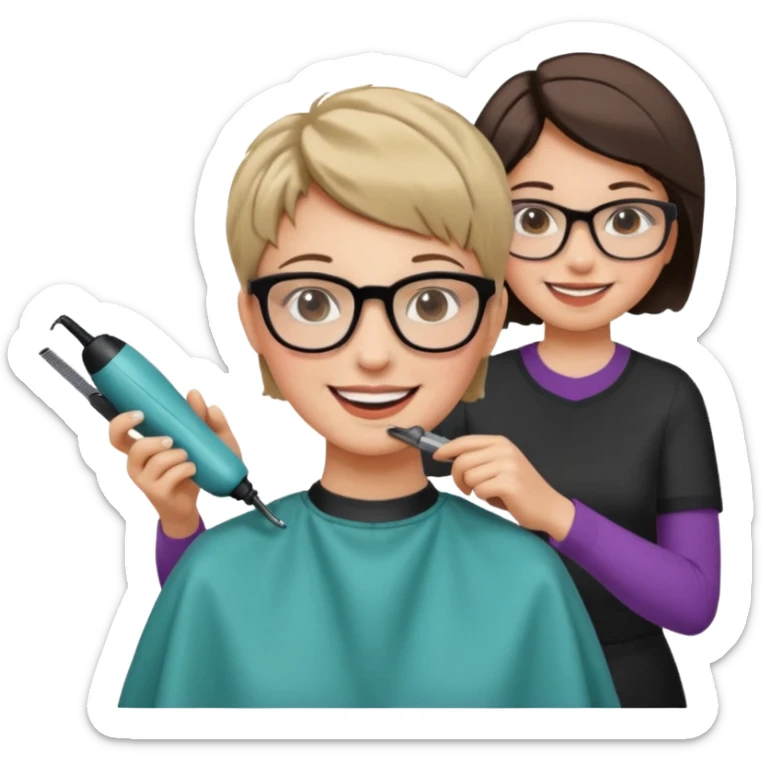 Happy woman with very short hair and glasses having haircut emoji sticker