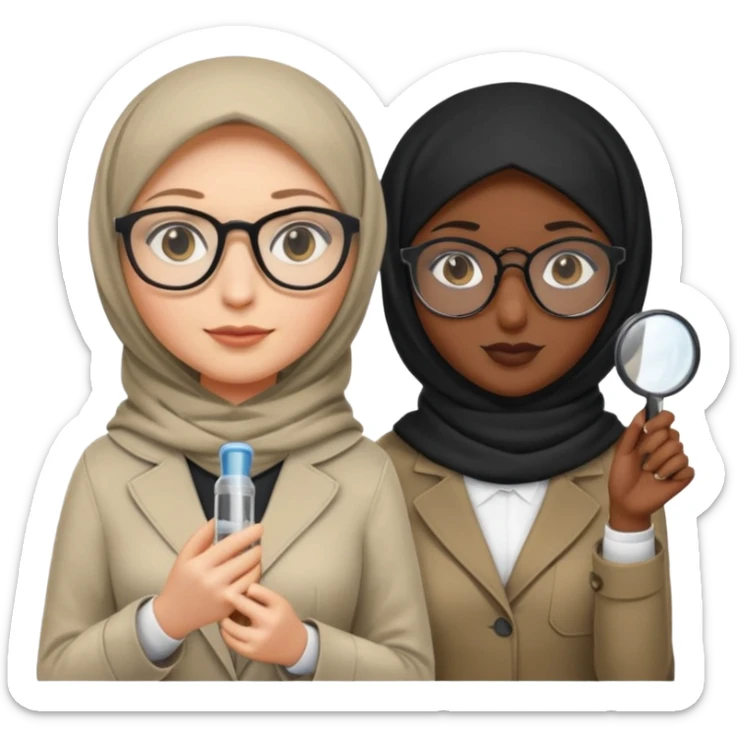 one white woman with hijab and glasses detective + one black woman without hijab and glasses detective  hand lens in one hand, hat etc sticker