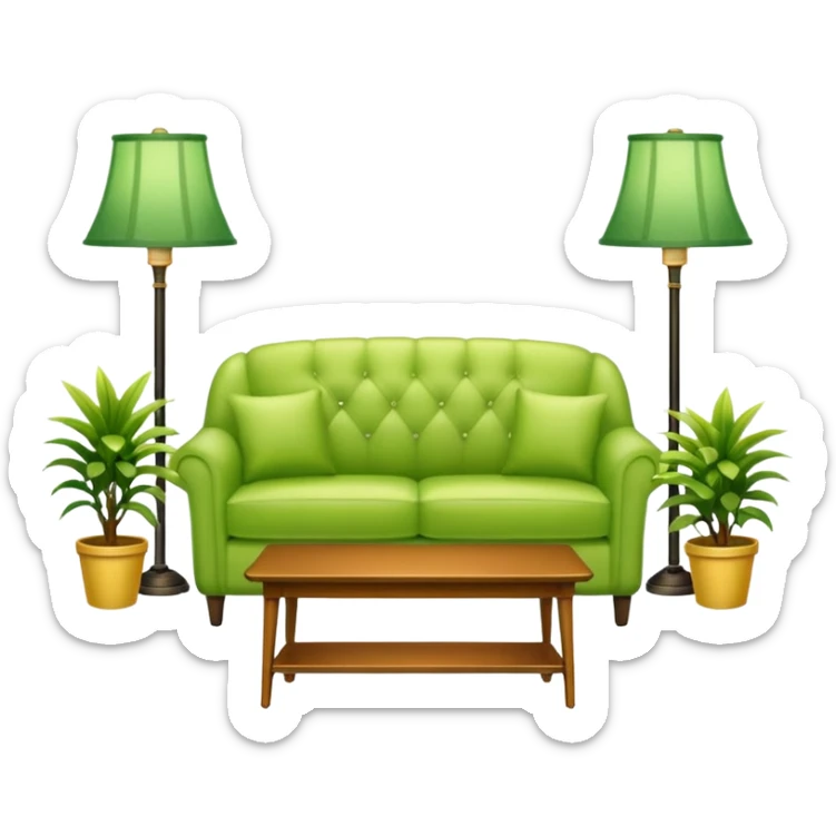 living room in ios emoji style

no TV, and make the couch a light green color

there is a lamp on one side and some plants on the other side sticker
