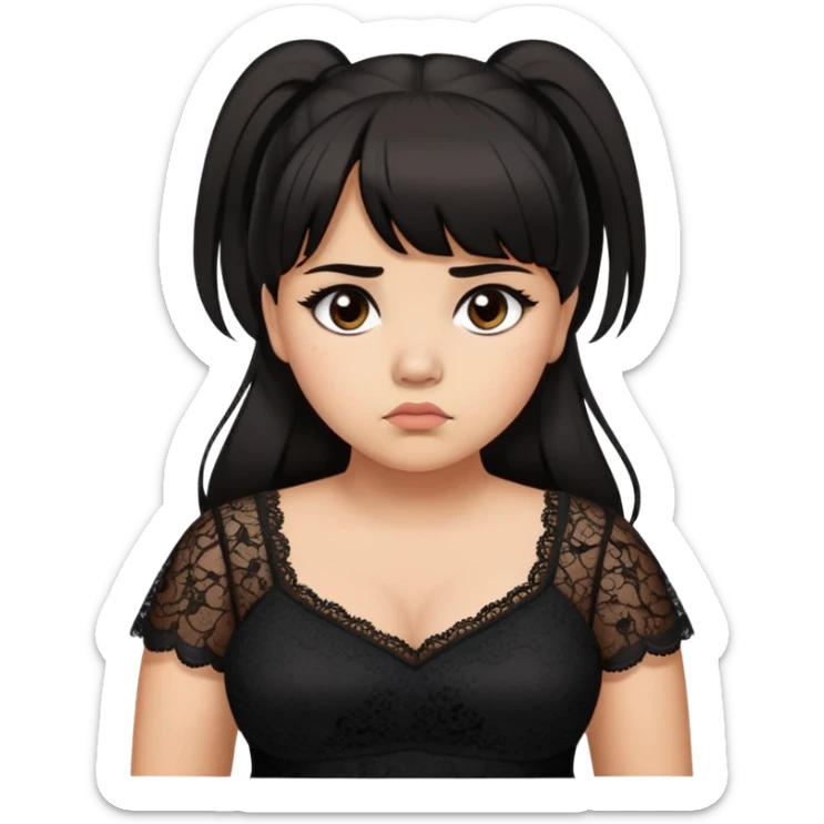 Latina girl with bangs black long hair in pony tail plus size black lace dress disappointed  sticker