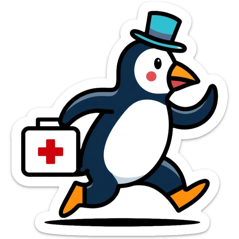 Side view of a penguin doctor running, wearing a top hat, holding a medical box with a red cross sticker