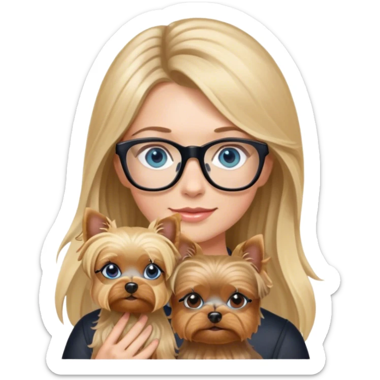 Hyper Photo Realistic Blonde balayage long hair women with blue eyes wearing glasses and holding a Yorkshire terrier  sticker