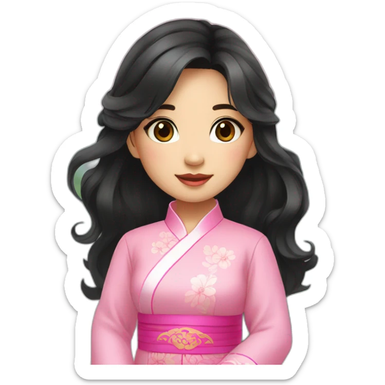 cute Vietnamese girl with wavy black hair posing with pink ao dai full body sticker