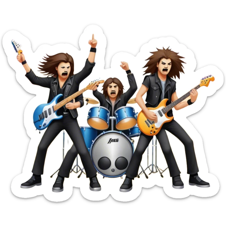 Icon for Heavy Metal Music: 4 men band on stage with electric guitars, drums and intense lighting. 4 Musicians headbanging, surrounded by energy and stage effects, capturing the power and intensity of a metal concert. Transparent background. sticker