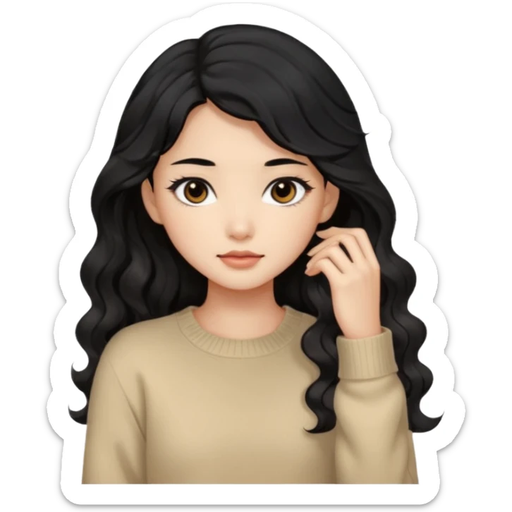 Beautiful girl,Black hair,wavy hair，long hair,Black eyes,Chinese, beige sweater  sticker