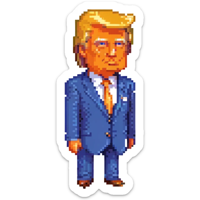 Donald Trump pixel art, caricatured features, orange skin tone, blue suit, no text sticker