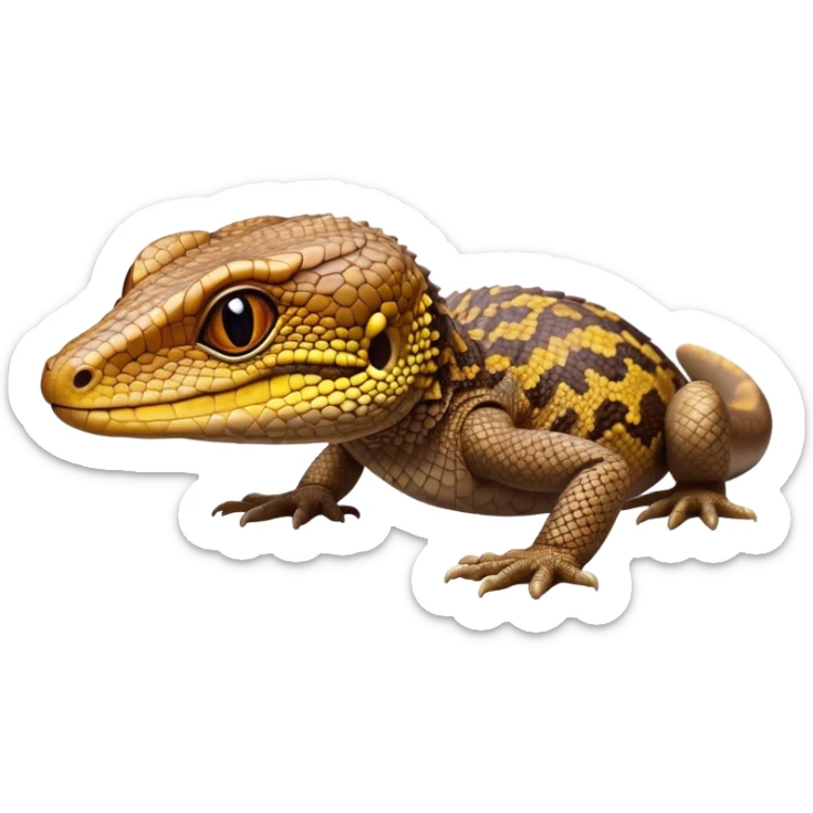 Cinematic Cute brown camo spotted monitor Lizard Portrait Emoji, Head tilted playfully and inquisitively, with a sleek, patterned body accented by vibrant hues and round, sparkling eyes full of wonder, Simplified yet irresistibly adorable features, highly detailed, glowing with a warm, friendly glow, high shine, affectionate and lively, stylized with a touch of exotic charm, bright and endearing, soft glowing outline, capturing the essence of a mischievous yet captivating lizard that seems as if it could scuttle out of the screen into your arms! sticker