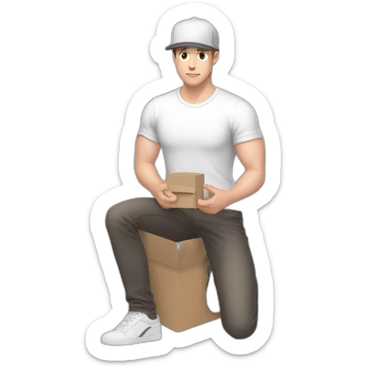 Pale skinned fit Man with dark brown hair in a light gray cap, dark brown jeans, brown polo and white T-shirt keeping a pasted with tape white box into his hands sticker