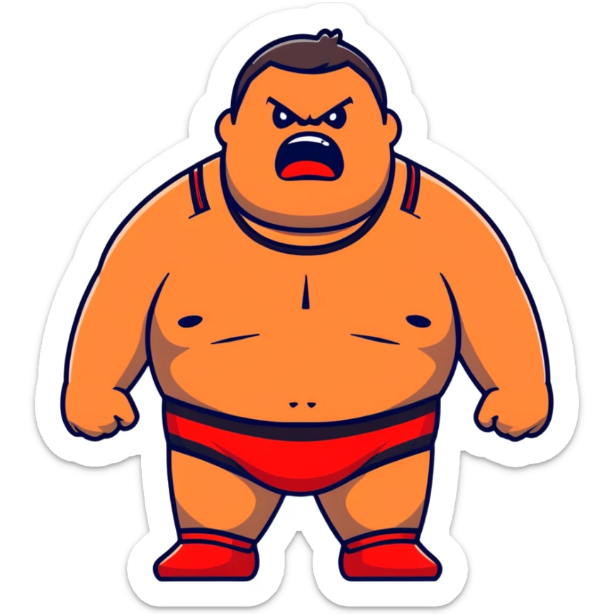 Close-up of white skin fat guy with young face, no muscle with prominent black durag, completely shaved face, no beard or mustache, black eyes in a red and black wrestling singlet with angry face sticker