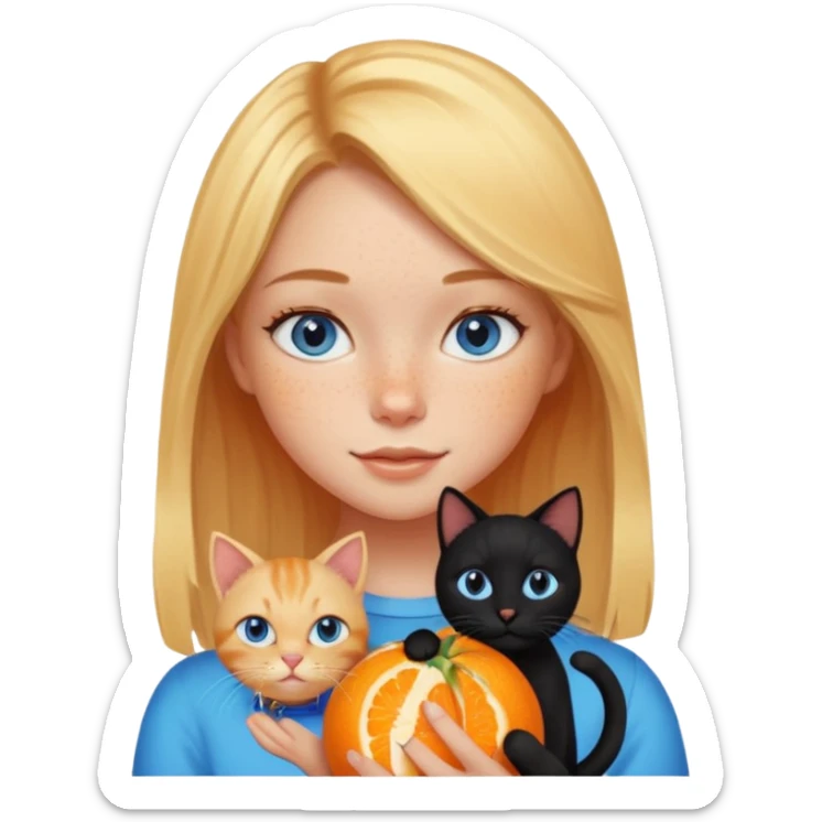 Cute blonde girl with freckles and blue eyes holding an orange colored  cat and a black cat sticker