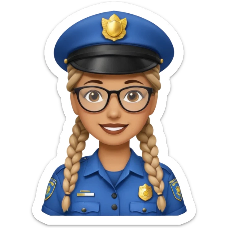 happy woman police with braided hair wearing hat, glasses  sticker