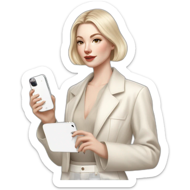 pale skin woman with ash blonde Straightened bob Hair, White Spacious classical jacket, beige palazzo Arrow pants and gray blouse holding white IPhone 14 pro in the hands sticker
