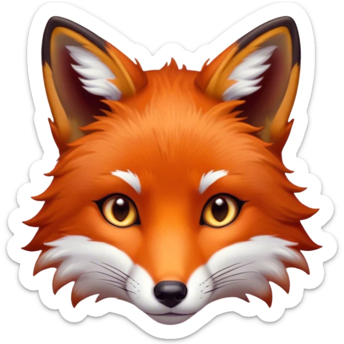 Cinematic Noble Fox Portrait Emoji, Poised and regal, with a lithe, agile build and a lush, fiery red Fur accented by white markings on the chest and tip of the tail, deep-set soulful amber eyes, Simplified yet sharp and sophisticated features, highly detailed, glowing with a warm, dignified glow, high shine, intelligent and cunning, stylized with an air of wild elegance, focused and attentive, soft glowing outline, capturing the essence of a watchful and confident forest wanderer, so majestic it feels as though it could dash out of the screen with effortless authority! sticker