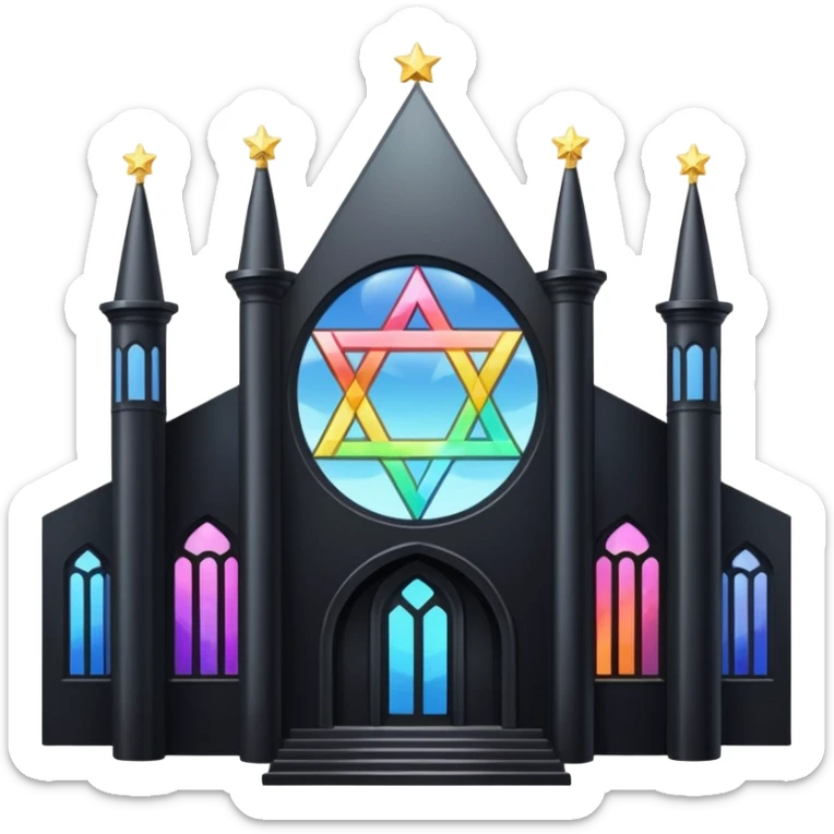 jewish synagogue temple in dark goth aesthetic style with black building and light rainbow tint glass windows and star of david and celestial symbolism sticker