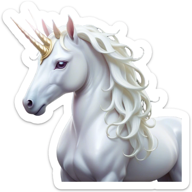 Cinematic Noble White Unicorn Portrait Emoji, Poised and regal, with a slender, ethereal form draped in a pristine white color, a flowing mane and tail, and a glistening, spiraled horn that radiates pure light, Simplified yet sharp and sophisticated features, highly detailed, glowing with a soft, iridescent luminescence, high shine, intelligent and transcendent, stylized with an air of mythical enchantment, focused and serene, soft glowing outline, capturing the essence of a watchful and confident white unicorn that appears ready to prance out of the screen with magical grace! sticker