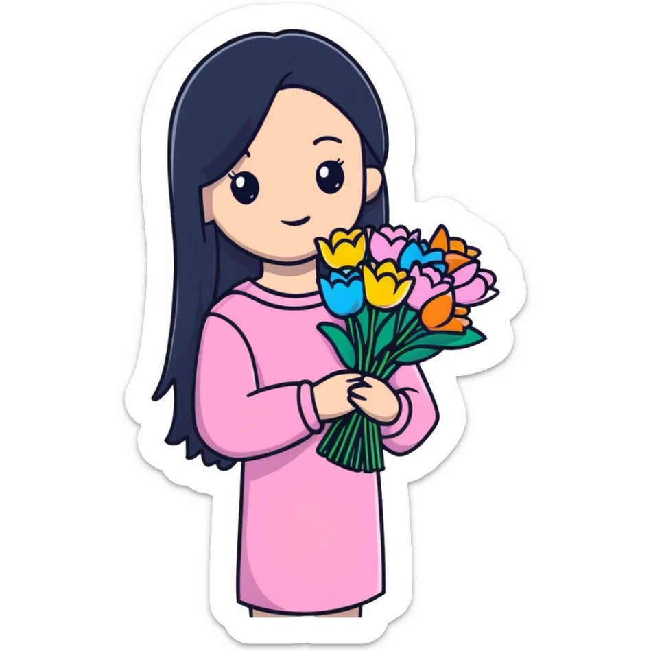 Beautiful girl with long straight black hair, fair skin, wearing pink clothes, holding a bouquet of colorful flowers sticker