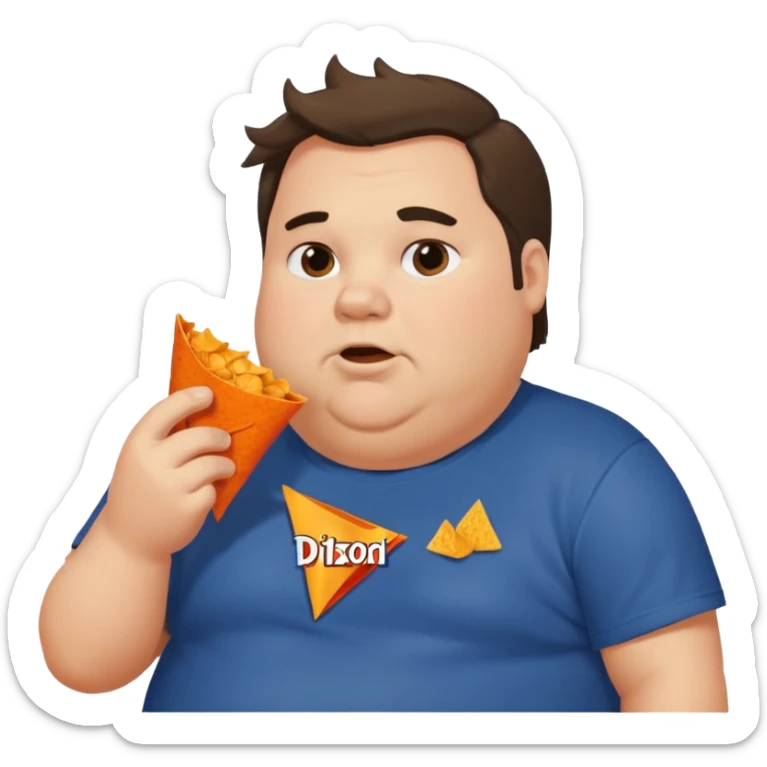 Fat man with greasy hair side part discord t shirt eating doritos sticker