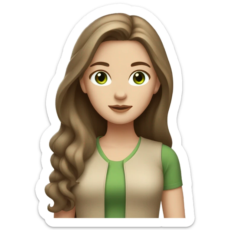white girl with long brown hair and green eyes in beige clothes  sticker