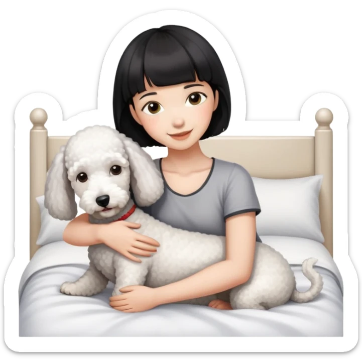 A girl with short black hair and bangs happily hugs a white Bedlington terrier sticker