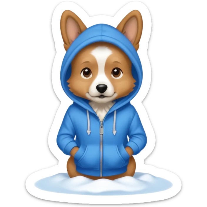 Dog wearing a blue hoodie on a snowy morning  sticker