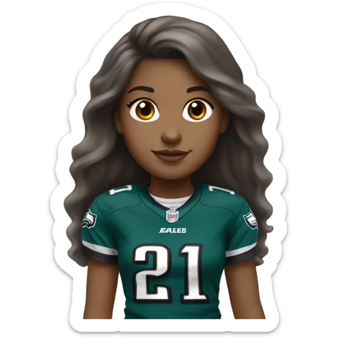 girl with brown hair, brown eyes, fair skin. silver earrings, long hair. wearing Philidelphia Eagles gear sticker