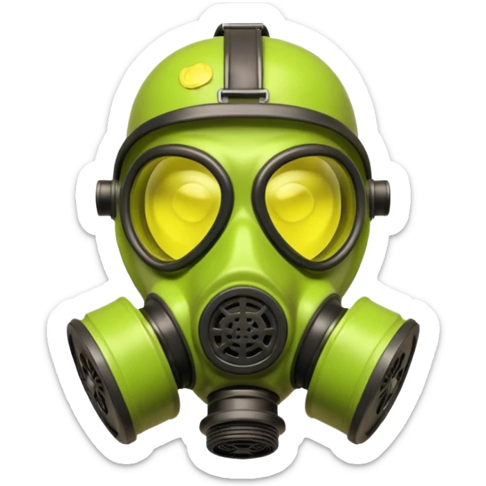 3D render of Gas Mask, toxic waste aesthetic, neon green bubbling liquid, caution yellow metal, industrial warning texture, Apple emoji style, isolated on white background --v 6.0 sticker