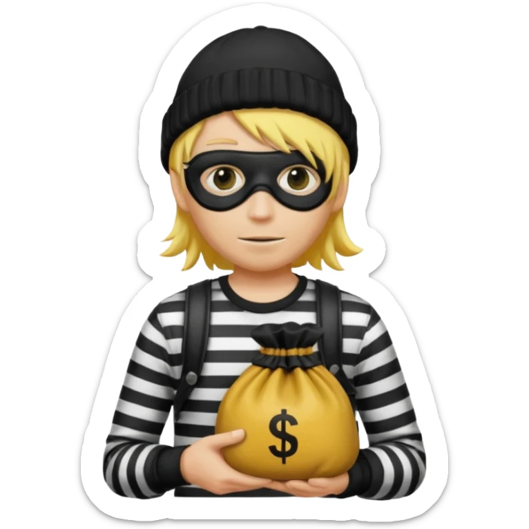 A yellow guy with a black beanie white black striped shirt a black mask for it's eyes and holding a money bag with yellow hair sticker