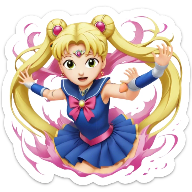Icon for Anime: vibrant, dynamic scene with heros from Bishoujo Senshi Sailor Moon in action, featuring exaggerated expressions and colorful backgrounds. The design should reflect the distinct, energetic style of anime, with iconic eyes and unique visual elements. Transparent background. sticker