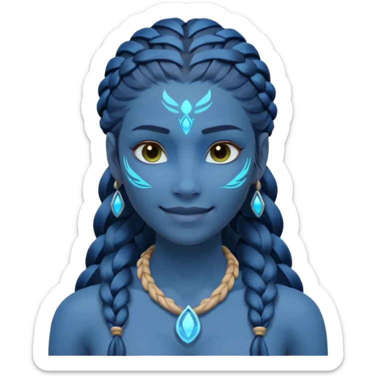 avatar-style Na’vi female portrait, head and shoulders only, blue skin, glowing bioluminescent markings, long braided hair, subtle tribal jewelry, confident smile, 3D cartoon, mobile game icon style, clean background, no text, no watermark
 sticker