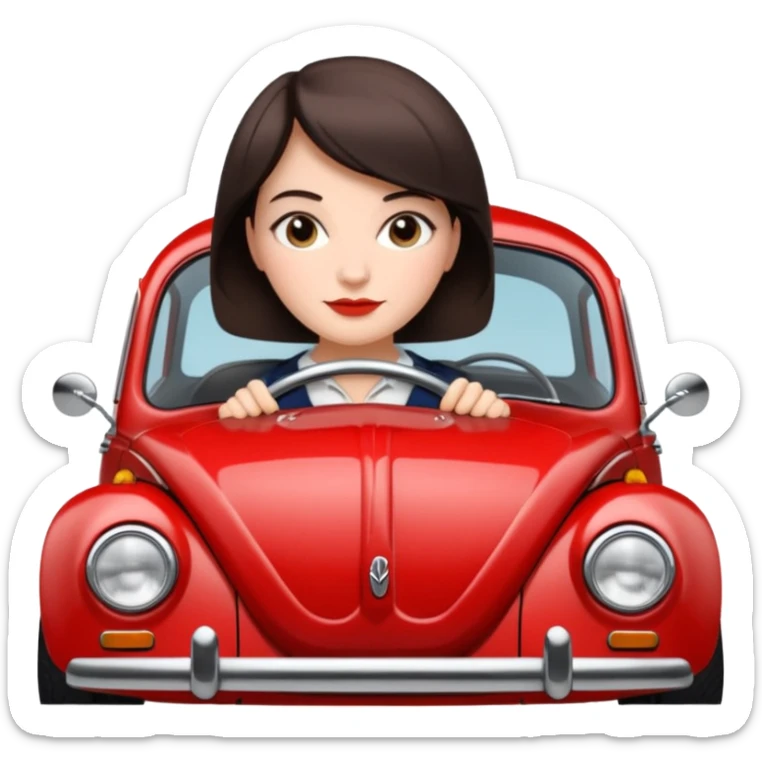 Pretty, sexy, slightly curvy white woman with short dark brown hair, driving a VW beetle sticker