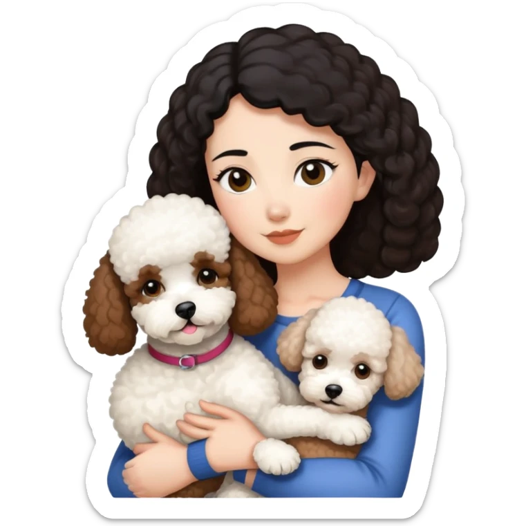 woman with short black hair hugging a brown poodle and a white bichon frise sticker