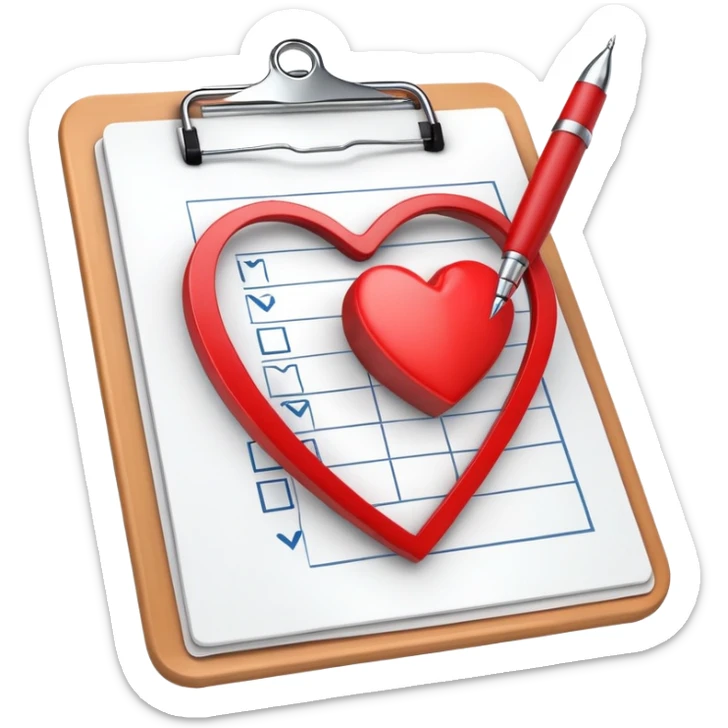 Medical clipboard with heart symbol and check mark, representing sexual health checkup sticker
