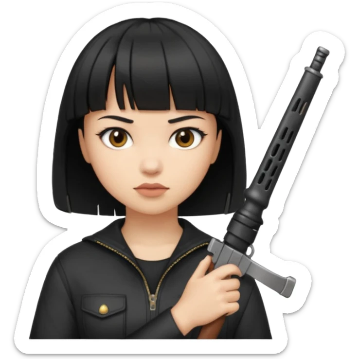 Hace un emoji de una chica de pelo corto negro y fleco finito , con un arma  sticker
