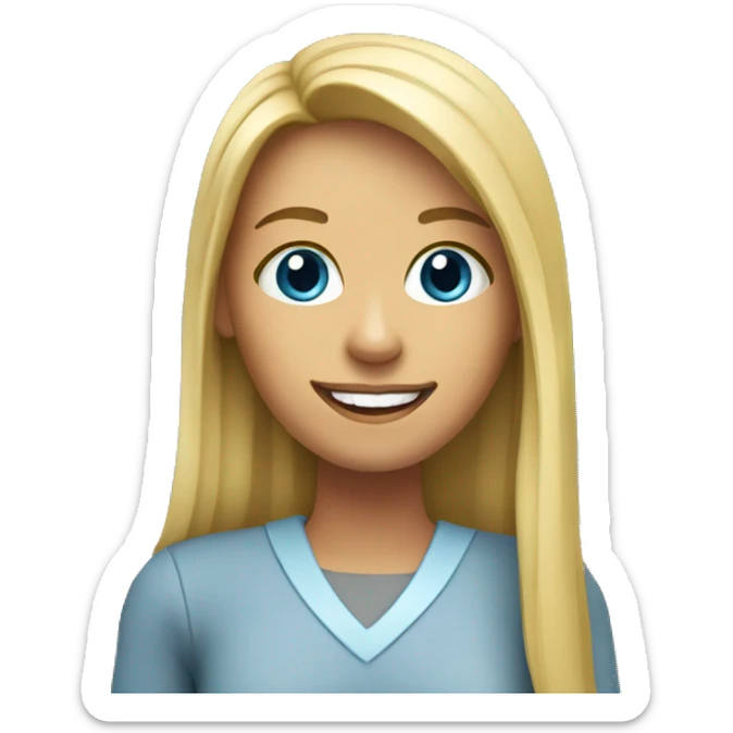 Create an emoji of a young blonde teacher, with long straigh hair, smiling, with pink mouth and a blue clothe sticker