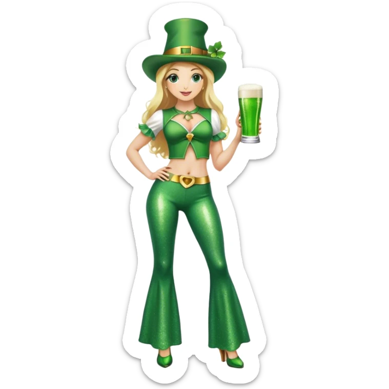 Blonde haired pretty woman in glittery green bell bottoms and tall leprechaun hat holding a green beer sticker