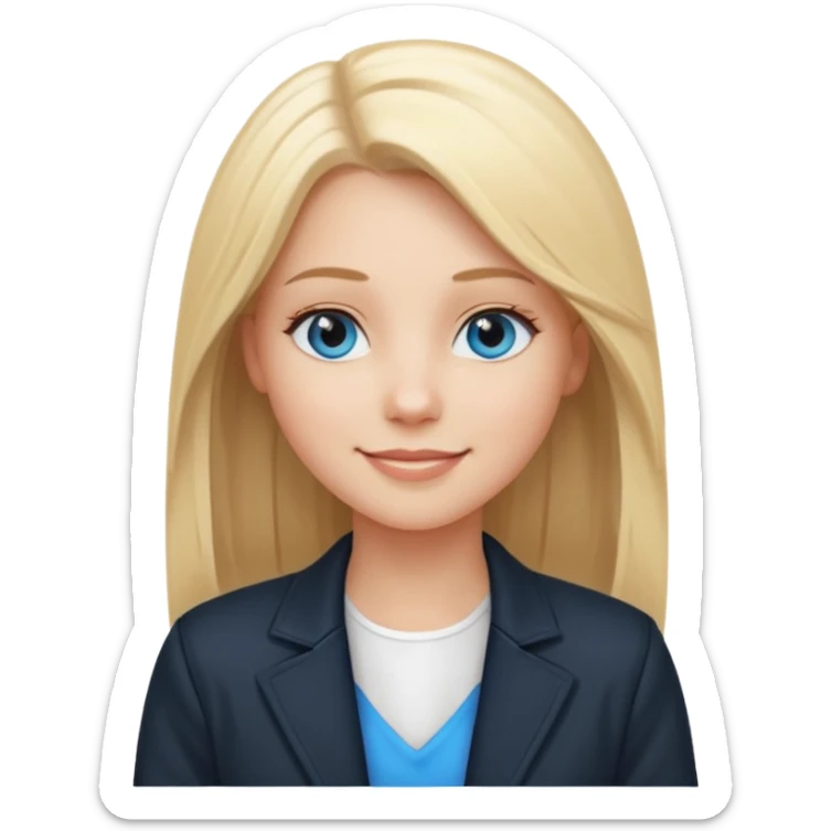 A white girl with long straight blonde hair, blue eyes and a white dress with a smiling black jacket sticker