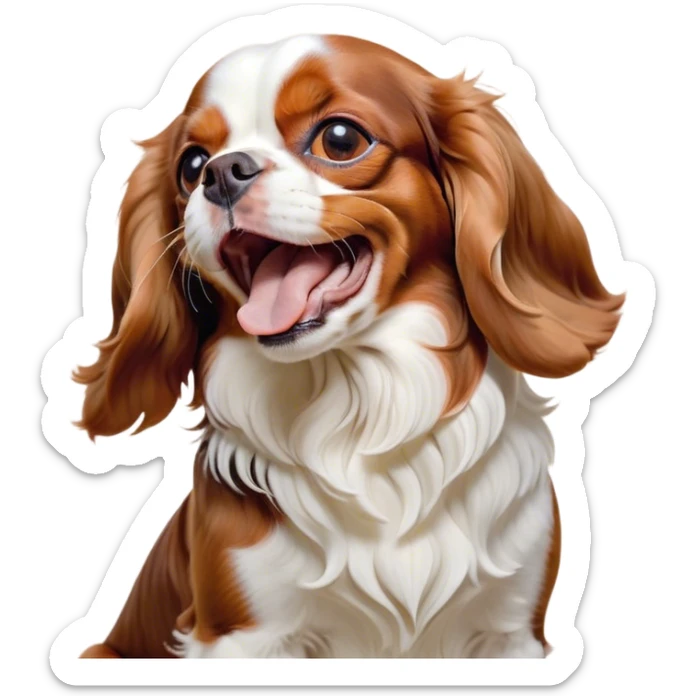 Cinematic Cute Yawning Blenheim Cavalier King Charles Spaniel Portrait Emoji, Head tilted slightly with a dramatic, wide-open yawn, soft Blenheim coat with delicate chestnut and white markings, floppy ears slightly drooping, round brown eyes barely open in drowsy contentment, Simplified yet irresistibly adorable features, highly detailed, glowing with a soft, cozy glow, high shine, relaxed yet expressive, stylized with a touch of whimsy, bright and endearing, soft glowing outline, capturing the essence of a sleepy yet affectionate companion, so drowsy it feels like it could stretch right out of the screen and curl up for a nap! sticker