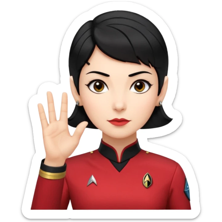 female Vulcan with short black hair and small pointy ears in Starfleet red uniform (Star Trek) no green face sticker