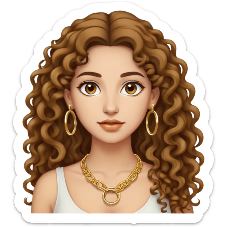 attractive Greek woman with long curly hair and light skin wearing gold hoop earrings and a gold necklace sticker