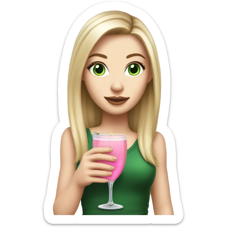 Realistic White girl with Long straight blonde hair, green eyes, tattoos, full body wearing dress and High heels, holding pink drink sticker