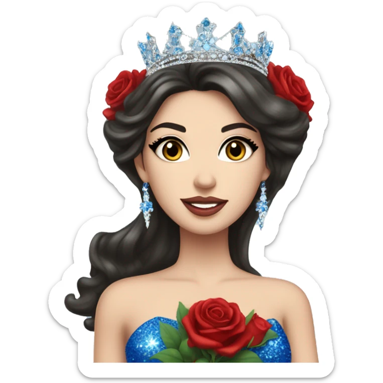 White girl Beauty queen with dark hair, wearing a “Miss Massachusetts” sash and wearing a crown and blue sparkly dress holding red roses sticker