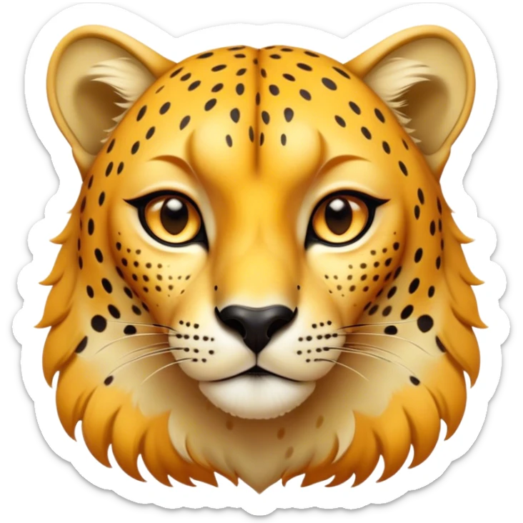 Cinematic Noble Cheetah Portrait Emoji, Poised and regal, with a lean, muscular build and a sleek, spotted Fur of golden hues, deep-set soulful amber eyes, Simplified yet sharp and sophisticated features, highly detailed, glowing with a warm, dignified glow, high shine, intelligent and swift, stylized with an air of wild elegance, focused and attentive, soft glowing outline, capturing the essence of a watchful and confident predator, so majestic it feels as though it could sprint out of the screen with effortless authority! sticker