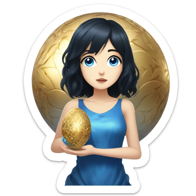 anime girl with blue-black hair, blue eyes, gentle and beautiful, mysterious, holding a golden Faberge egg in her arms sticker