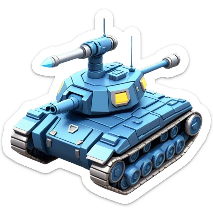 Clash of Clans aesthetic: Cinematic heroic Space Tank Emoji, rendered in a 3D vector-style similar to standard emojis with minimal shading and bold, simplified shapes. A robust, isometric armored vehicle with sleek futuristic plating and energy cannons, softly glowing with a high-tech cosmic combat charm. Simplified yet unmistakably iconic, highly detailed and consistent, glowing with a soft radiant shine and high gloss. Stylized with a touch of intergalactic warfare and a soft glowing outline, capturing the essence of a futuristic battle machine with a friendly, playful spirit! sticker
