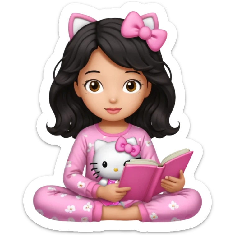 Chica peli negra  cabello ondulado tes trigueña con una pijama rosa de hello kitty leyendo un libro rosa de haditas  sticker
