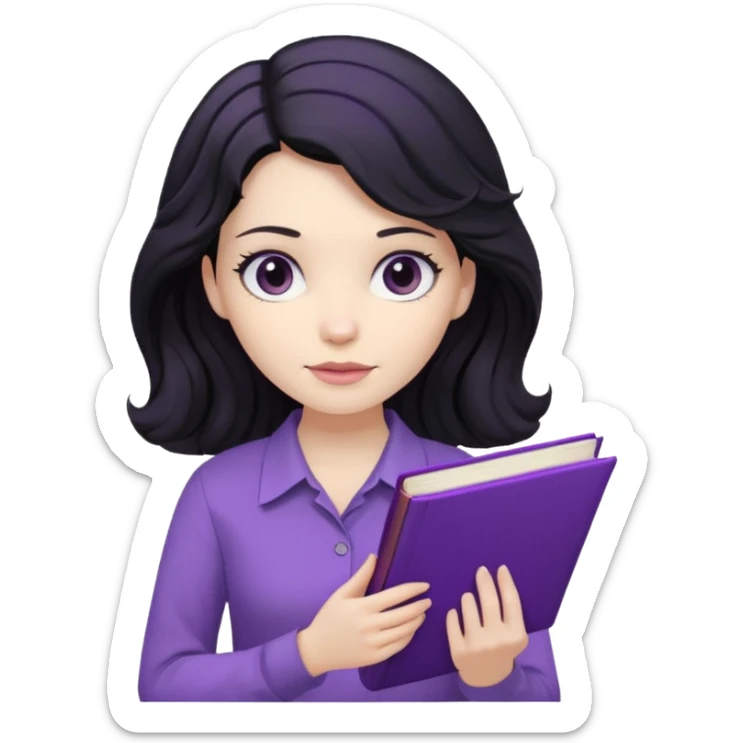 Long Hair Women with Black wavy hair, with purple Book, beige shir, without background sticker
