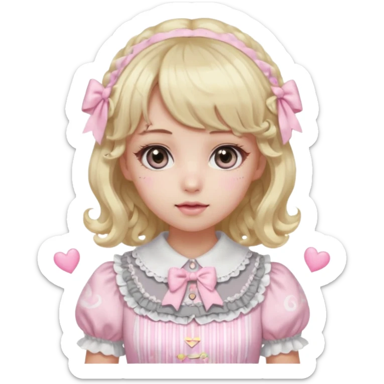 pale girl, medium length curly hair with blonde and baby pink swirls, bangs, grey eyes, doll-like makeup, light pink lolita hime gyaru dress, emoji style sticker